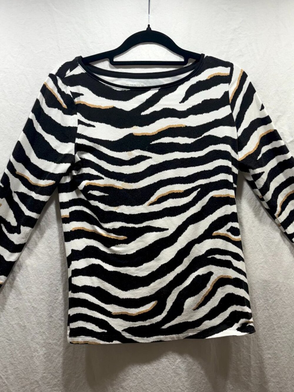 Talbots Petite Zebra Print 3/4 Sleeve Tee Black White Tan Size P